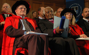 Nobel deeds: Nobel laureate Archbishop Emeritus Desmond Tutu, centre, received an honorary doctorate on behalf of fellow winner Aung San Suu Kyi. In picture with Tutu are Emeritus Professor JP van Niekerk and Prof Heather Zar, who was welcomed as a UCT Fellow at a graduation ceremony on Monday, 10 December.