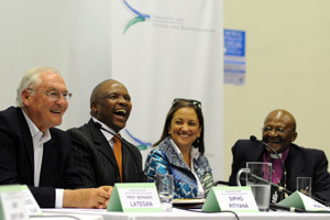 Talking seriously: Even among the serious topics, there was time for a laugh, as (from left) Prof Bernard Lategan, Dr Sipho Pityana, Ferial Haffajee and Archbishop Emer Desmond Tutu found at a recent 'public conversation'.