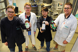 Cool brews: Award-winning UCT beer brewers (from left) Alex Opitz, Mark Kerr, Brian Willis and Dr Rob Huddy show off the concoctions that won acclaim at the recent SAB Intervarsity Beer Brewing Challenge.