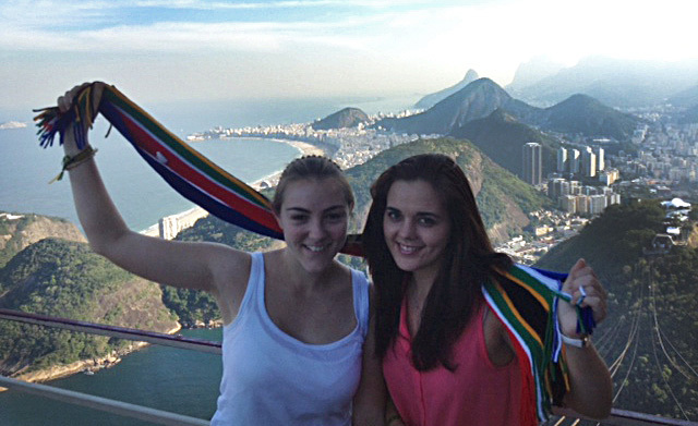 Field study: BBusSci (marketing) students Julia Cassar (left) and Chesney Sneyd at the top of Sugarloaf Mountain in Rio de Janeiro, Brazil, where they are gathering data on the FIFA World Cup for a project on safety and security at mega events and its affects on tourists' perceptions of the host country.