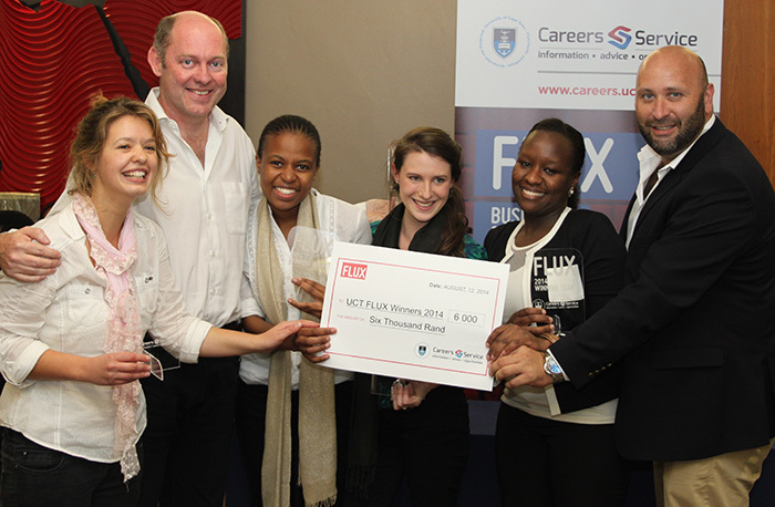 Team Ara won on the first FLUX day. They are (from left), Megan Antonie, Dean Jansen van Vuuren, Bongiwe Zungu, Lara-Lee Rothwell and Krystal Musyoki. Photographed with them is David Casey, director of UCT's Careers Service.