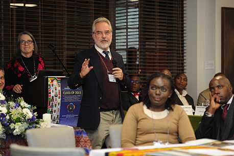Prof Brian Levy addresses the MPhil in Development Policy and Practice students, who returned to UCT for the start of their second semester. (At the lectern is Judith Cornell, the director of institutional development and planning at the Graduate School of Development Policy and Practice.)