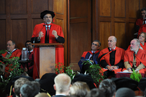 Professor Salim Abdool Karim addresses the audience at the opening graduation ceremony after receiving an honorary doctorate in science in medicine.