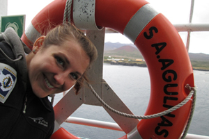 Sea fever: Oceanographer Katherine Hutchinson graduated in December 2013, having earned a co-badged master's degree from UCT and l'Universite de Bretagne Occidentale, France. In this photo Hutchinson is aboard the <i>SA Agulhas II</i> during a recent UCT-led expedition.