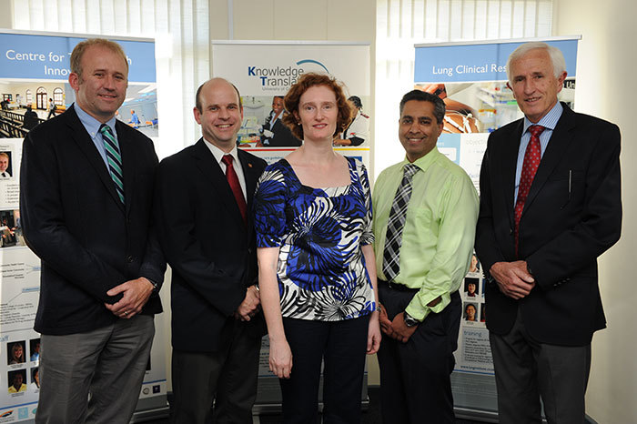 From left: Associate Professors Rodney Dawson, head of the Centre for Tuberculosis Research Innovation; Richard van Zyl-Smit, head of the Lung Clinical Research Unit; Lara Fairall, head of the Knowledge Translation Unit; with Prof Keertan Dheda, head of the Lung Infection and Immunity Unit, and Emeritus Professor Eric Bateman, director of UCT Lung Institute.