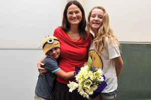 The Marsdens: Gil Marsden, centre, flanked by her children, Jake and Holly, at the memorial service hosted by UCT's Department of Computer Science in honour of the late Professor Gary Marsden. Jake is wearing a minion-shaped hat, in commemoration of his father's affectionate term for his postgraduate students.