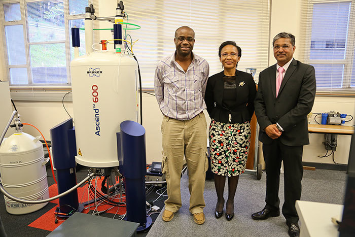 Nano viewpoint: (From left) Prof Kelly Chibale explains the workings of the Department of Chemistry's new 600MHz nuclear magnetic resonance spectrometer, coupled to a cold probe, to the National Research Foundation's Dr Linda Mtwisha and Gansen Pillay. The equipment will allow researchers to work in nano-concentration range to identify new molecules for drug development. The NRF helped to fund the facility.