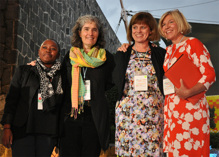 PRAESA's Ntombizanele Mahobe and Dr Carole Bloch together with fellow IBBY-Asahi winners the <a href="http://www.childrensbookbank.com/" target="_blank">Children's Book Bank</a>.