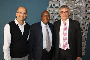 Director of the School of Public Health and Family Medicine Professor Mohamed Jeebhay, Minister of Health Dr Aaron Motsoaledi and Dean of the Faculty of Health Sciences Professor Wim de Villiers at a recent discussion on universal healthcare.