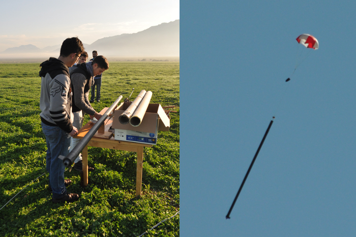 Left: Stuart Swan and the team preparing the rocket for its record-breaking launch. Right: The featherweight record-breaking rocket's descent.