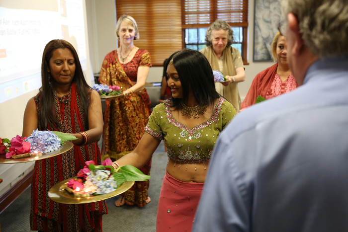 Indian honours: Performing a traditional ceremony to honour outgoing registrar Hugh Amoore are, from left, Prem Chetty, Dr Karen van Heerden, Anne Isaac, Judy Favish and Colleen Windvogel.