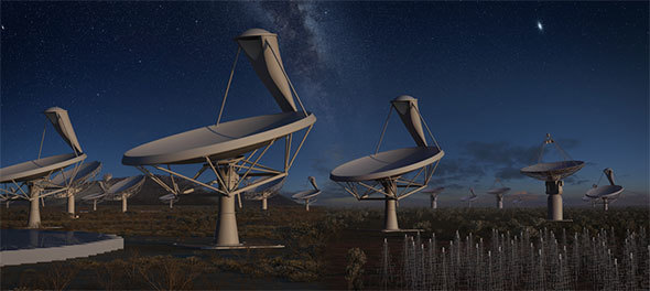 An artist's impression of the SKA instruments at night under one sky. The left half of the image represents the antennas to be located in Africa and the right half the ones to be located in Australia.