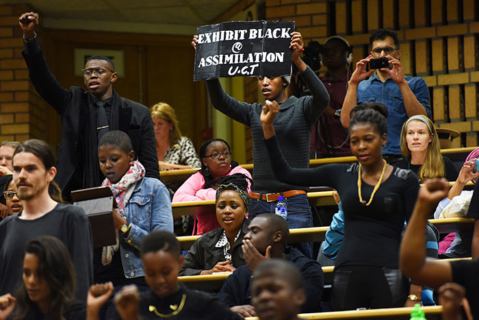Students protesting at the transformation seminar scheduled for Monday 16 March 2015.