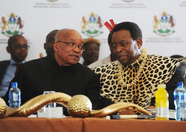 President Jacob Zuma and Zulu King Goodwill Zwelithini. Photo courtesy of <a href="https://www.flickr.com/photos/governmentza/8464220585/" target="_blank">GovernmentZA</a>, accessed via flickr.