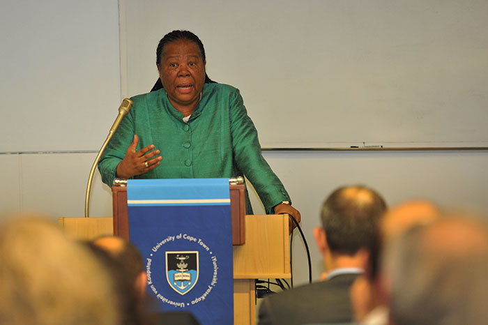 Naledi Pandor, South Africa's Minister of Science and Technology, speaking at the launch of the SA-Swiss Bilateral Research Chair at UCT on 3 June 2015.