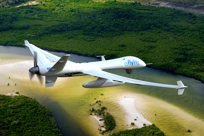 Artist's impression of FlyH2's unmanned aerial Alpha aircraft surveying a water catchment area.