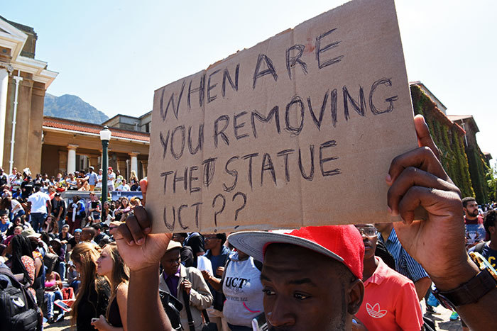 UCT students protesting the display of Cecil John Rhodes' statue on upper campus.