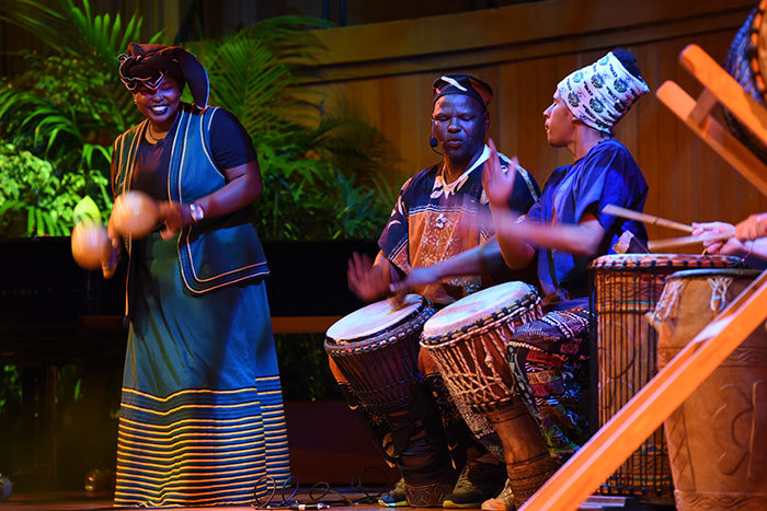 Shake it up: (From left) Percussionists Sky Dladla, Dizu Plaatjies and Capoeira contra-mestre Esperrinho from Brazil in the African music performance.