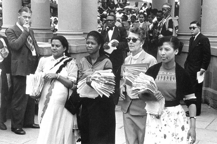 On 9 August 1956, more than 20 000 women marched on Union Buildings with a petition to end pass laws – led by Rahima Moosa, Lilian Ngoyi, Helen Joseph and Sophia Williams. (Photo by Jurgen Schadeberg.)