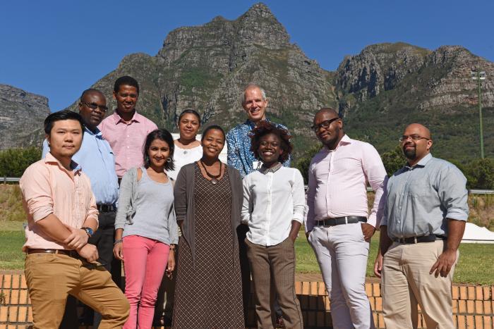 Cohort members: Front from left Chun-Sung Huang (Commerce), Ameeta Jaga (Commerce), Bongi Bangeni (CHED), Tolu Oni (Health Sciences), Nceba Lolwane (NGP administrator) and Reuben Govender (EBE) Back from left Joel Chigada (Commerce), Freedom Gumedze (Science), Heather Marco (Science) and Robert Morrell (NGP Director).