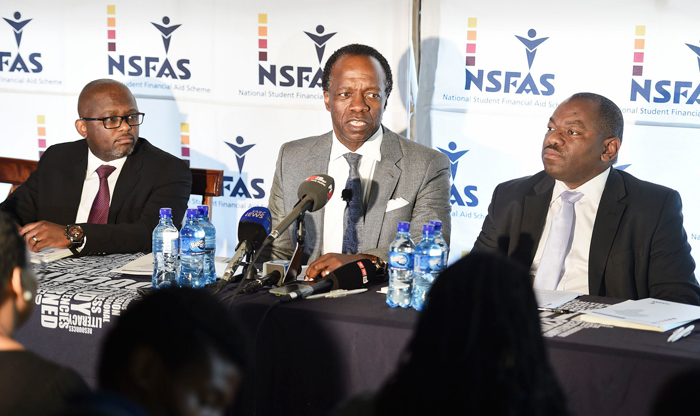 Jomo Jacobs (NSFAS General Manager for Loans and Bursaries), Sizwe Nxasana (NSFAS Chairman) and Msulwa Daca (NSFAS Executive Officer) during a media briefing on the 2016 budget allocations and administration processes for additional funding. 