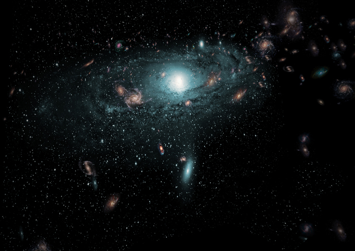 An artist's impression of the galaxies found in the 'Zone of Avoidance' behind the Milky Way. This scene has been created using the actual positional data of the new galaxies, and randomly populating the region with galaxies of different sizes, types and colours.