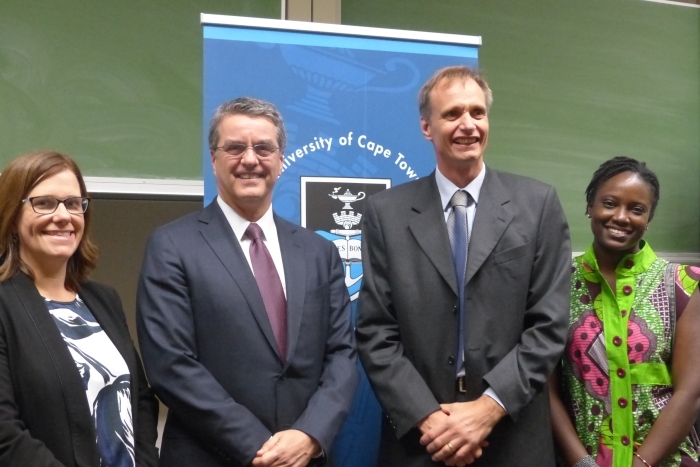 Prof Ingrid Woolard, Roberto Carvalho de Azevêdo (head of the WTO), Prof Lawrence Edwards and student Darkowa Awinador.