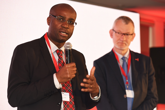 Professor Kelly Chibale, director of UCT's Drug Discovery and Development Centre, speaking at the official launch in Cape Town of Johnson &amp; Johnson's Global Public Health (GPH) Strategy and New GPH Operations in Africa. He shared the stage with Dr Wim Parys, global head of Global Public Health Research &amp; Development, Janssen.