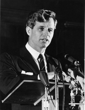 Robert F Kennedy at the podium in Jameson Hall in 1966.