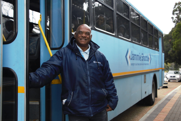 Jammie Shuttle driver Nazeem Mobarah, known around campus for his infectious smile, has been at UCT for 11 years. He was one of many to be insourced earlier this month.