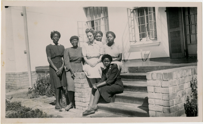 Monica Wilson's first academic post was at Fort Hare where she was also warden of the women's hostel, Elukhanyisweni ('Eluk'). This picture was taken in 1946. From left: Gaositwe Chiepe, Jeanette Sello, Monica Wilson, Violet Nikani, Beatricxe Ntloko and Eunice Kuzwayo.