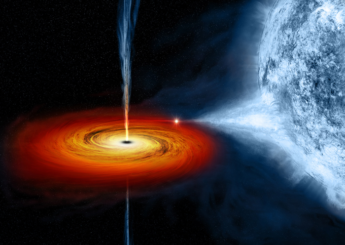 An artist's illustration on the right depicts what astronomers think is happening within the Cygnus X-1 system. The system is located near large active regions of star formation in the Milky Way, as seen in this image that spans some 700 light years across. Cygnus X-1 is a so-called stellar-mass black hole, a class of black holes that comes from the collapse of a massive star.