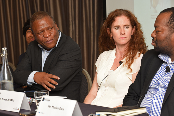 (From left) Director-designate of the Graduate School of Business, Assoc Prof Mills Soko, and Dr Susan de Witt (Bertha Centre) listen as Msulwa Daca (National Student Financial Aid Scheme) makes a point at the GSB round table on higher education.