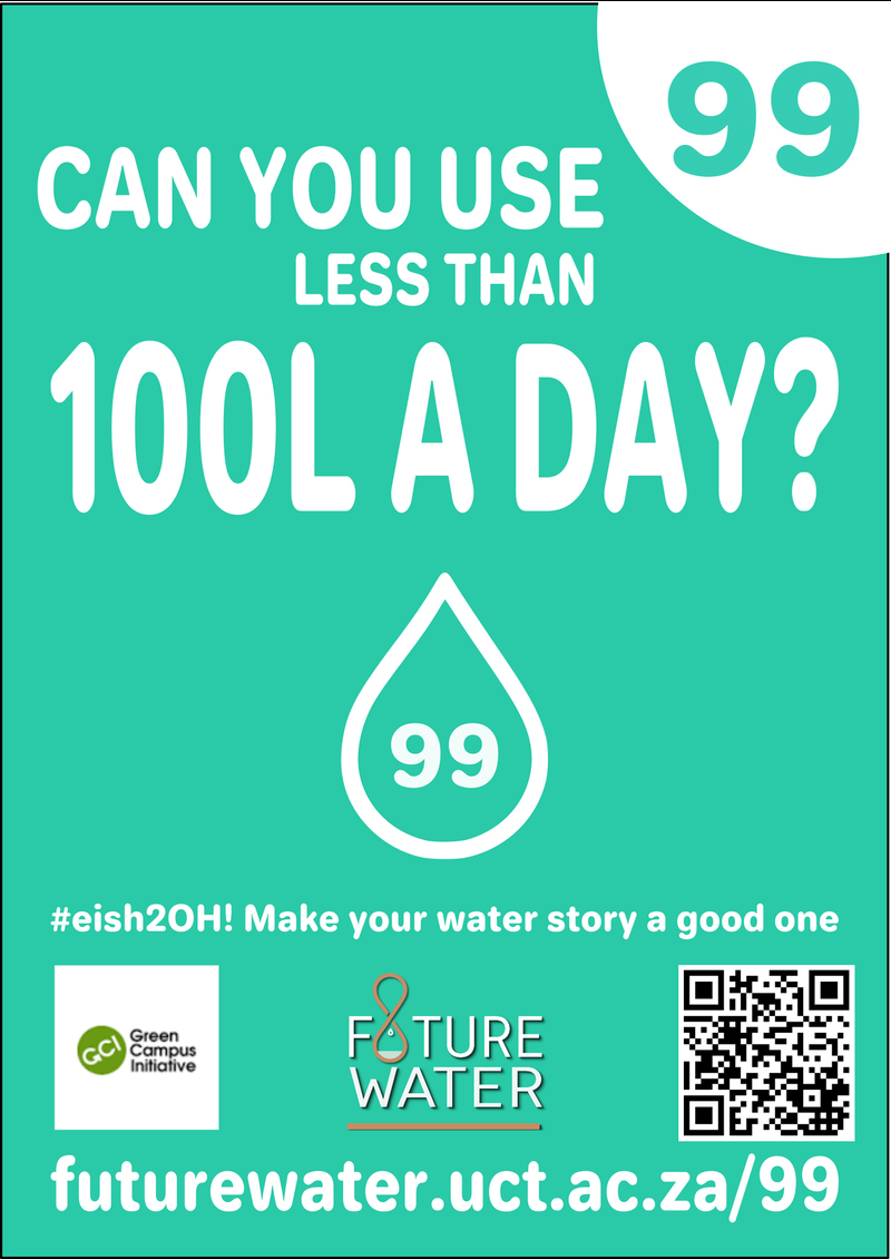 Can you use less than 99 litres per day? Poster prepared for UCT's Water Week 2017 by Bernelle Verster in conjunction with the Future Water Institute and the Green Campus Initiative.