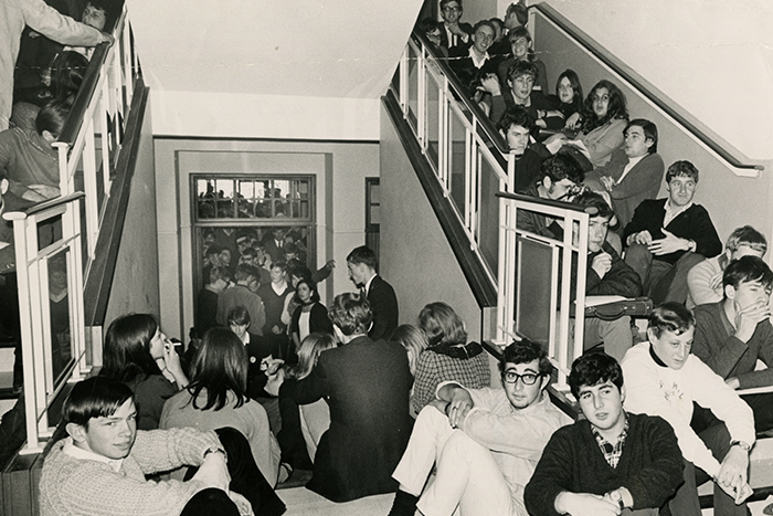 ​​​​​​​Students protest against UCT's withdrawal of Archie Mafeje's appointment following pressure from the apartheid government. Six hundred students occupied the Bremner building and staged a sit-in in the Senate room. <b>Photo</b> Special Collections, UCT Libraries.