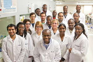 H3-D director Prof Kelly Chibale, (front centre) with his research team. H3-D's partnership with Novartis will augment support already provided by the South African government's Department of Science &amp; Technology and Technology Innovation Agency to build drug discovery and development capabilities on the African continent.