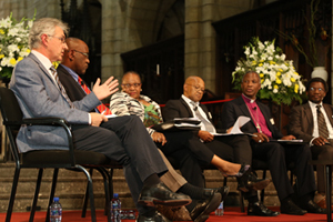 <b>Looking to the future:</b> UCT Vice-Chancellor Max Price (far left) joined his counterparts at St George's Cathedral recently to discuss the role of the university in developing a post-apartheid South Africa. From left: Professor Prins Nevhutalu (CPUT), Professor Irene Moutlana (Vaal University of Technology), Professor Norman Duncan (rep for VC of University of Pretoria), Archbishop Thabo Makgoba who chaired the session and Dr Mvuho Tom (Fort Hare).