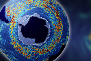 This image of the Antarctic Circumpolar Current indicates current speed: blue shows slow-moving water and dark red indicates speeds of above 1.5km per hour. The pale blue halo around Antarctica indicates sea ice. (Image courtesy of the National Science Foundation)