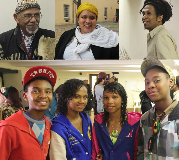 (From left) Khoisan Chief Hennie van Wyk says it's vital to revive Khoe. Activist Jill Williams works to promote both the Khoe language and culture. Bradley van Sitters runs Khoe language classes at the Castle to a range of ages, including teens like Grayton Bernadus, Tammy-Lee Chambers, Monolita van Ster and Caleb Piekaan.