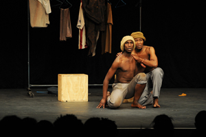 Drama graduates Luc-Given Mkhondo (right) and Yanga Jikela appear in a scene from the play Woza Albert! Their performance formed part of last year's final-year auditions at the Little Theatre on Hiddingh campus.