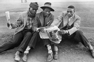 Zootsuit-inspired fashion in Gauteng in the 1950s (the word tsotsi is said to have come from the zootsuit craze). Photograph by Ronald Ngilima, sourced from The Other Camera project, University of Cape Town Libraries.