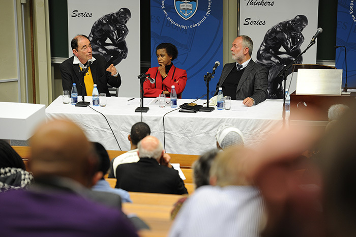 From left: Former Constitutional Court judge Albie Sachs, former UCT Vice-Chancellor Dr Mamphela Ramphele, and Markus Meckel, member of the German parliament, debate the similarities and differences between South Africa and Germany as both countries move forward from difficult political pasts.