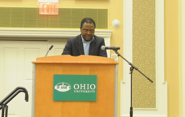 Hero: Professor Francis Nyamnjoh speaks at the prize-giving ceremony at Ohio University where he was named African Hero of the Year 2013.