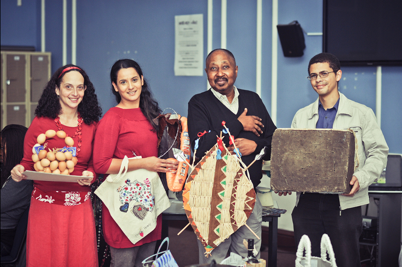 The Unibag Competition at the iKhaya Day House attracted much attention. Seen here are holding some of the students' most innovative Unibags are (from left) Cal Volks (HAICU director) , Sianne Abrahams (HAICU), Prof Thandabantu Nhlapo (DVC) and Fabian Saptouw (fine art lecturer).
