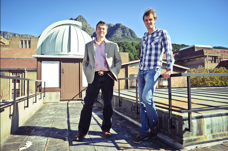 First paper: Dr Richard Armstrong (right) and Assoc Prof Patrick Woudt,on top of UCT's RW James Building, home to the astronomy department.Armstrong is the first author of a scientific paper based on observations performed with South Africa's new KAT-7 radio telescope.Woudt and Prof Rob Fender (not in picture) of the University of Southampton and a SKA visiting professor at UCT are co-authors.