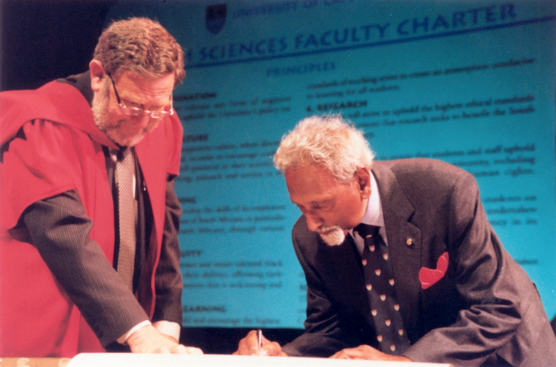 Signed and sealed: Among those who signed the Faculty of Health Sciences' new Charter were Prof Ralph Kirsch(left), and special guest Dr Ralph Lawrence. Dr Lawrence was one of the first three black doctors to graduate from the Faculty in 1947. To mark the occasion, Dr Lawrence was awarded the title Honorary Visiting Professor. The Charter was signed and presented at a special Health Sciences assembly last week to mark significant milestones in the Faculty's process of renewal and change.
