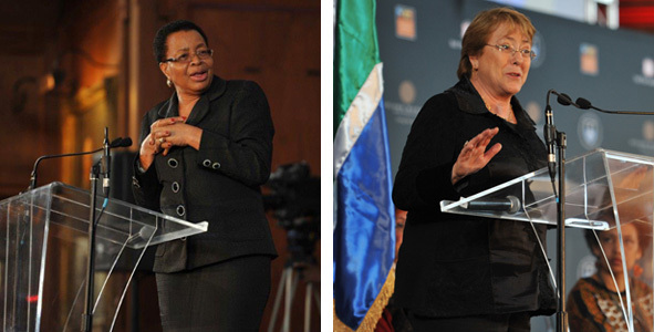 Mrs GraÃ§a Machel (left), UCT Chancellor, and Chilean President Michelle Bachelet shared similar views on the extent of gender violence in the world and what needs to be done about it. Both spoke at the Gender-in-Dialogue event, which formed part of the 12th Nelson Mandela Annual Lecture Series.