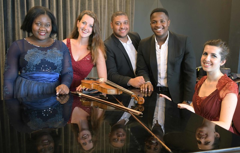 SACM students Masabane Cecilia Rangwanasha (soprano), Tessa Campbell (violin), Darryn Kenned (bass baritone), Kabelo Lebyane (bass baritone) and Alice Clegg (piano) will take to the stage with the Cape Town Philharmonic Orchestra on Saturday, 2 September. Jacobus de Jager (not pictured) will perform on piano.