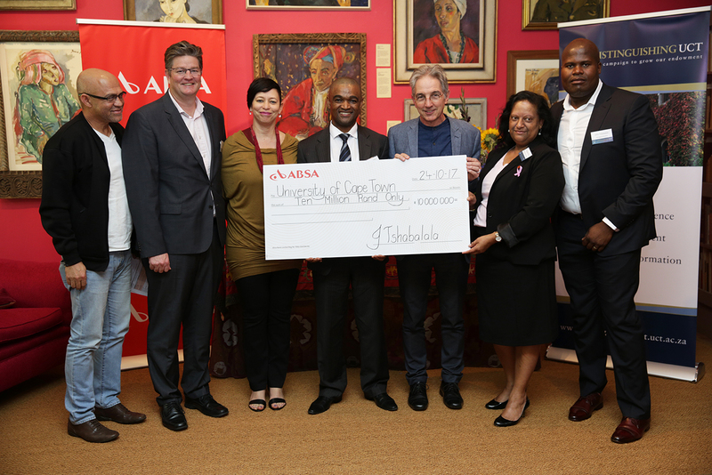 Representatives from Absa handed over a R10 million cheque to UCT executives on 24 October. From left: Dr Russell Ally, ED Development and Alumni Department; Clinton Clarke, head of SA coastal regions, Absa Corporate and Investment Banking; DVC Prof Loretta Feris; Bonisile Magewu, corporate banker, Absa Corporate and Investment Banking; VC Dr Max Price; Anastasia Peters, citizenship manager for the Western Cape; John Tshabalala, Absa managing executive for the Western Cape.