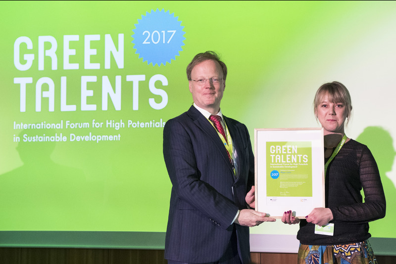 PhD candidate Megan Lukas receives her Green Talents award in Berlin, Germany. Lukas was one of 25 green visionaries from across the globe who were honoured.